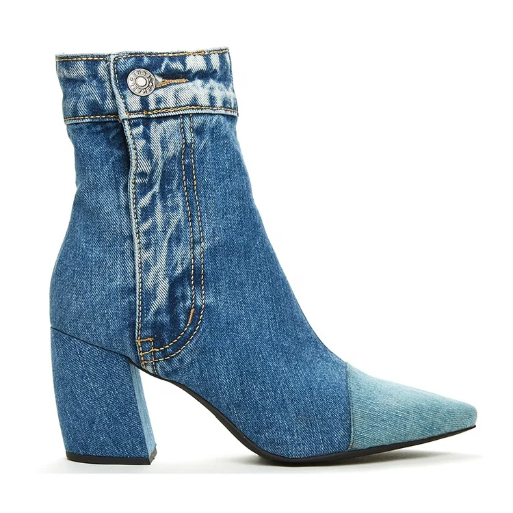 Handmade Modern Med Block Heel Women Jeans Blue Denim Booties - Buy ...