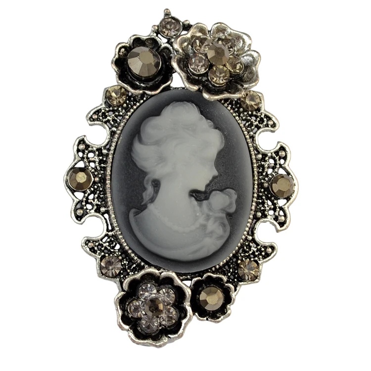 

Silver Alloy Rhinestone Cameo Girl Queen Head Flower Pin Brooch