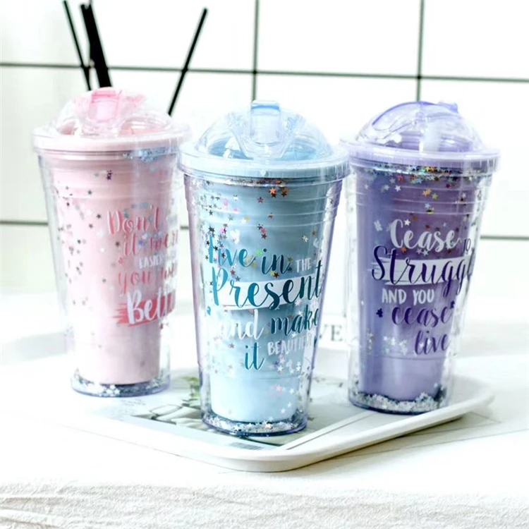 

Wholesale Hot Selling Summer Reusable 450Ml Color Glitter Plastic Cup Plastic Drinking Cup With Straws, Blue,pink,purple