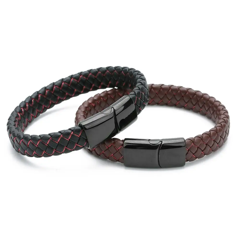 

OEM Stainless Steel Men Black Magnetic Clasp Pu Leather Bracelet 19cm Braided Bracelets 21cm Faux Leather Cord Bangle, Multi-color optional