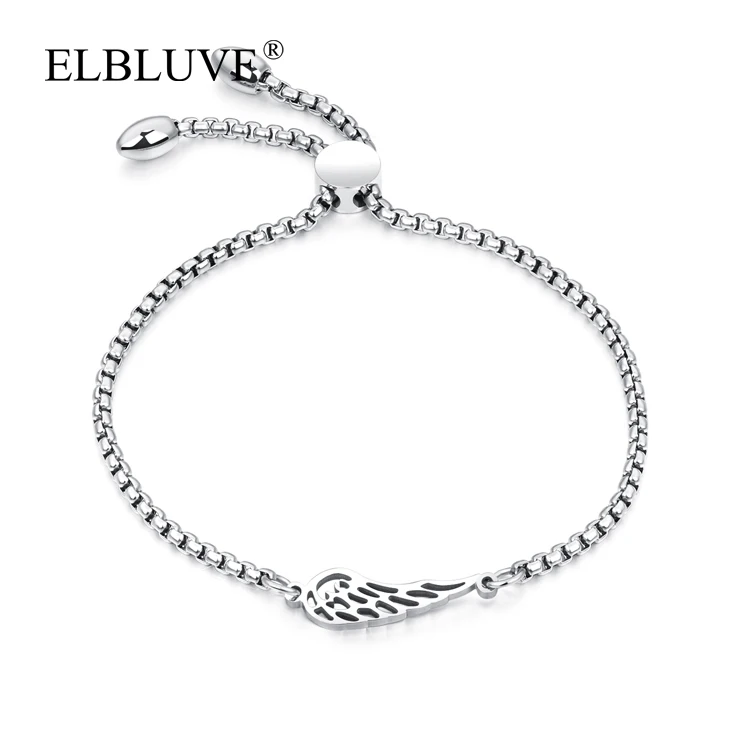 

ELBLUVF Free Shipping Stainless Steel jewelry Angel Wing Shape Feather Bracelet For Girls Wholesale, Rose gold , steel color