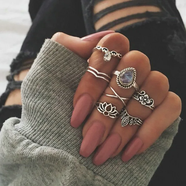 

7Pcs/Set Antique Silver Gold Crystal Lotus Flower Ring Bohemia Boho Style Rings For Women Tribal Hollow Carved Rings Set Anillos
