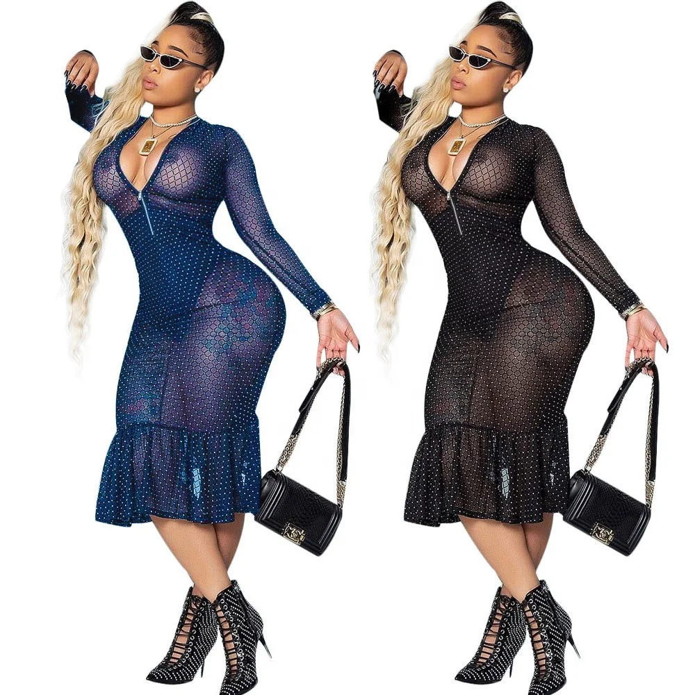 

Women's Fashion Dress Summer Hollow Out Zippers Mid-Calf Dress Sexy V-neck Full Sleeve Women Club Ball Gown OEM Service