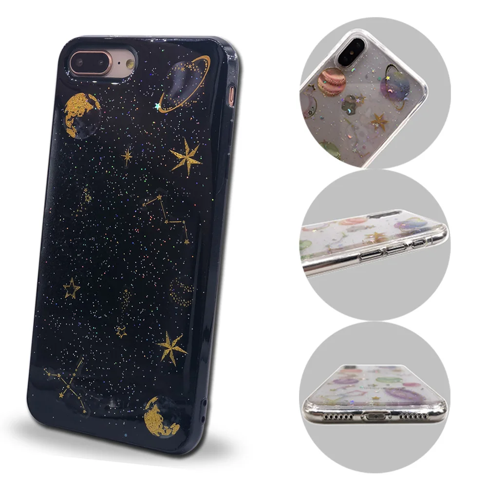 epoxy resin planet space glossy drop glue glitter transparent soft bling star pattern phone case back cover for iphone x 6 7 8