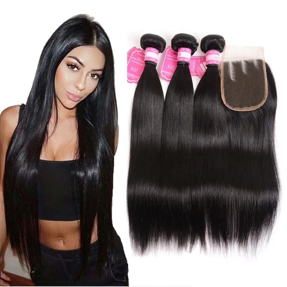 

New products 2017 best sellers 4#4 lace closure Straight Peruvian hair bundles with closure, Natural color