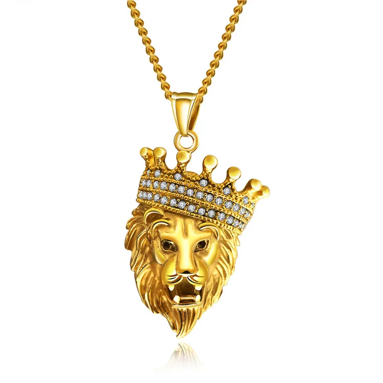 

Hips Hops 18K Gold Plated Crystal Rhinestone Paved Crown Lion Head Pendant Necklace for Men