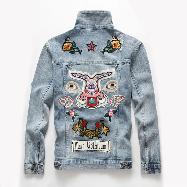 

2018 Hot Seller Men's 2 Optional Custom Shredded Distressed Ripped Acid Washed Embroidery Fashion Denim Jacket Activewear Jacket