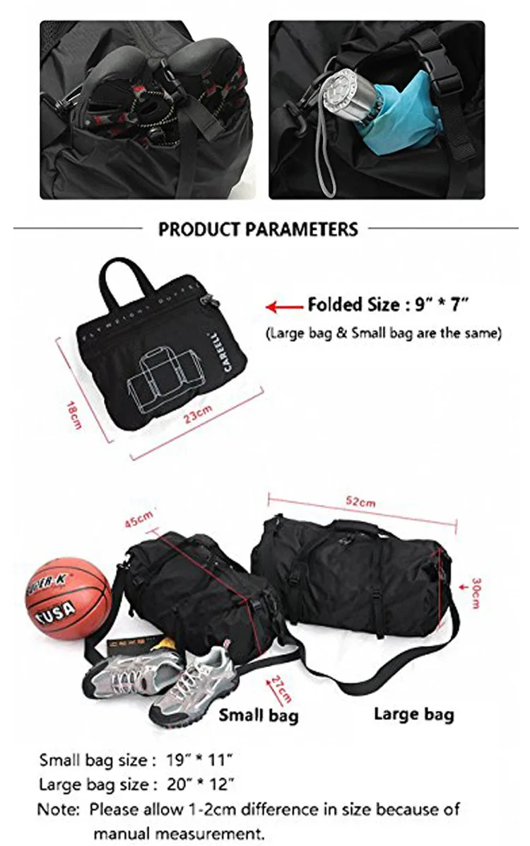 Lightweight outdoor waterproof foldable nylon sports yoga gym overnight travel duffle duffel bag with shoes compartment
