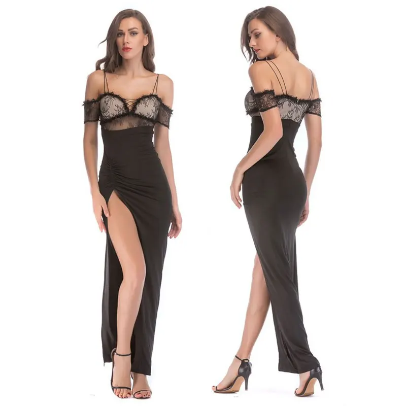 

Sexy Evening Gown Long Lace Transparent Split Party Dress For Women, Black