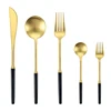 Wholesale Black Gold Matte Portable Metal Gift Tableware Titanium Plated Round Handle Wedding Knife And Fork Spoon Set 5 Pieces