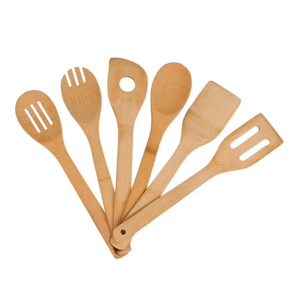 
Eco-friendly Organic Natural Custom Kitchen Cooking Flatware wooden utensils Bamboo Spoon Set For 6 