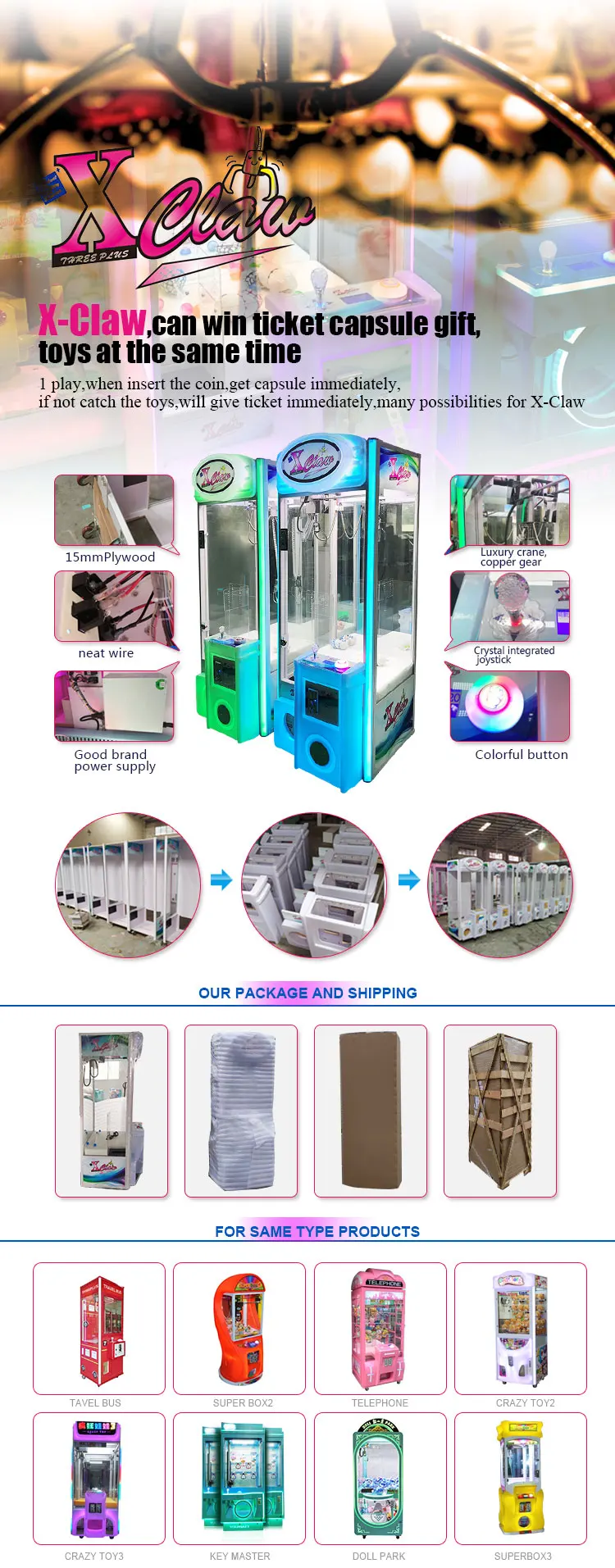 Threeplus coin operated singapore doll claw machine arcade game machine