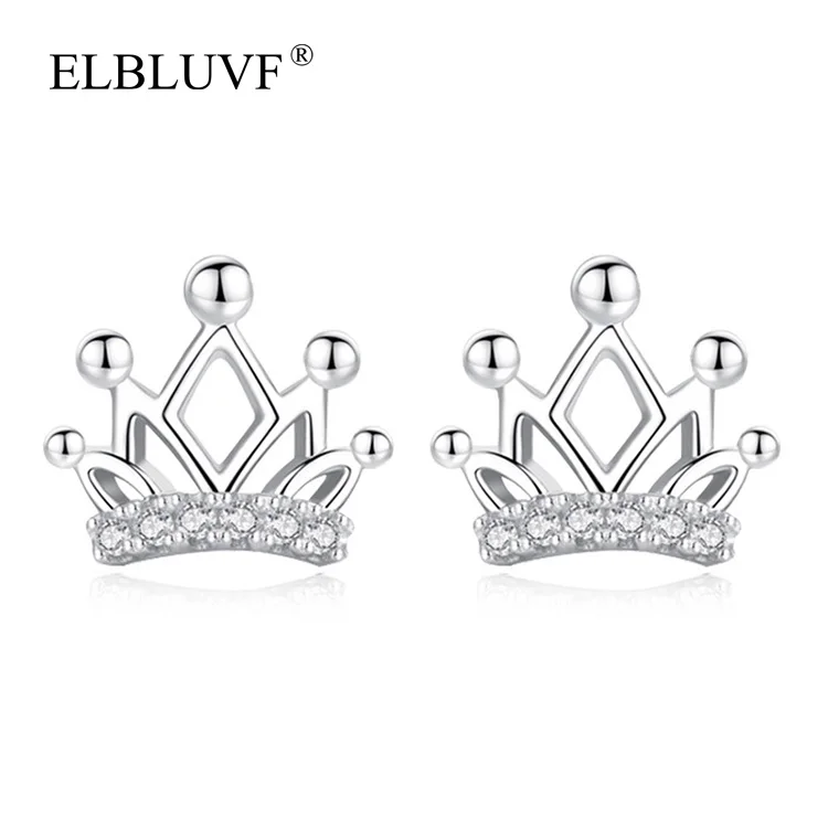 

ELBLUVF 925 Silver Plated Copper Alloy Jewelry Design Zircon Simple Personality Earrings Hollow Crown Jewelry, White gold