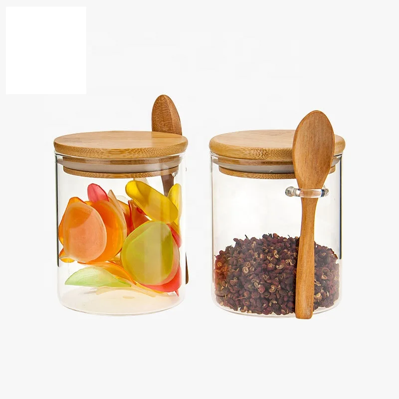 

Borosilicate Glass Spice Jar with Cork Wooden Lid & Wooden Spoon, Customized color