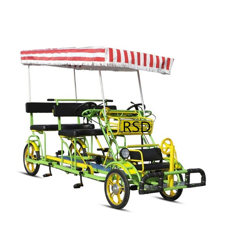 

Double row seats surrey bike for a family/canvas cloth tandem bikes/4 person sightseeing, Yellow red green blue