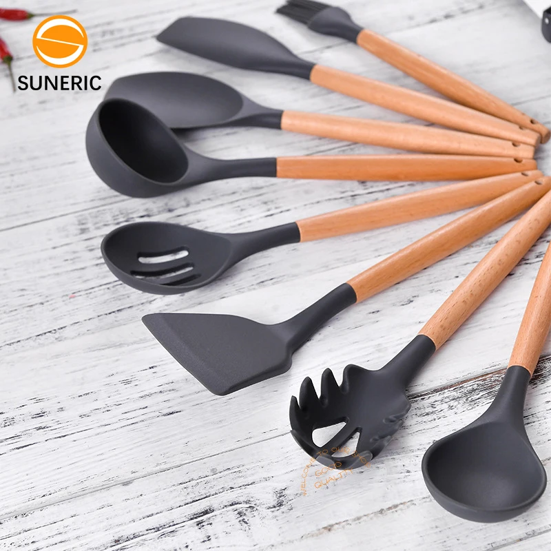 

Bamboo 10 pcs utensils bbq spatula silicone baking tools spoon kitchen cooking set wooden utensil, Dark gray