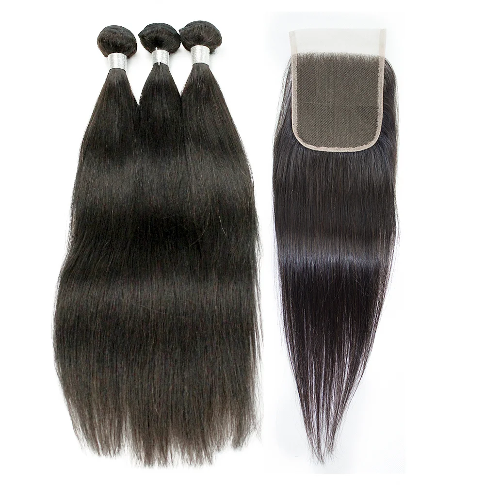 

Natural color silky straight hair bundles with closure virgin Indian human hair extension, Nature color (nature black)