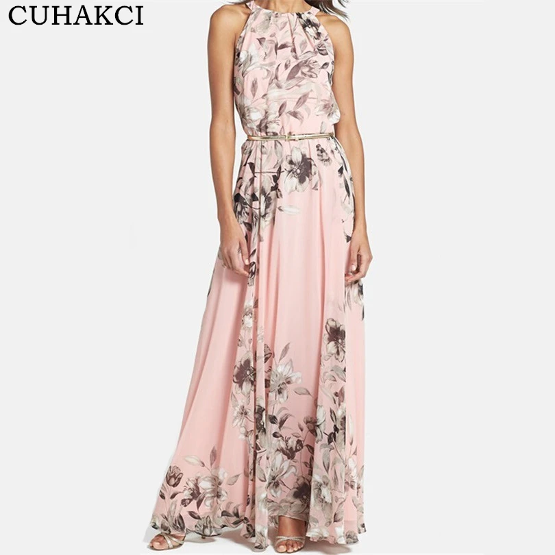 

Fashion Womens Loose Print maxi Dress Elegant party Long Dress Gold Belt Flower Roupas Feminina, One color