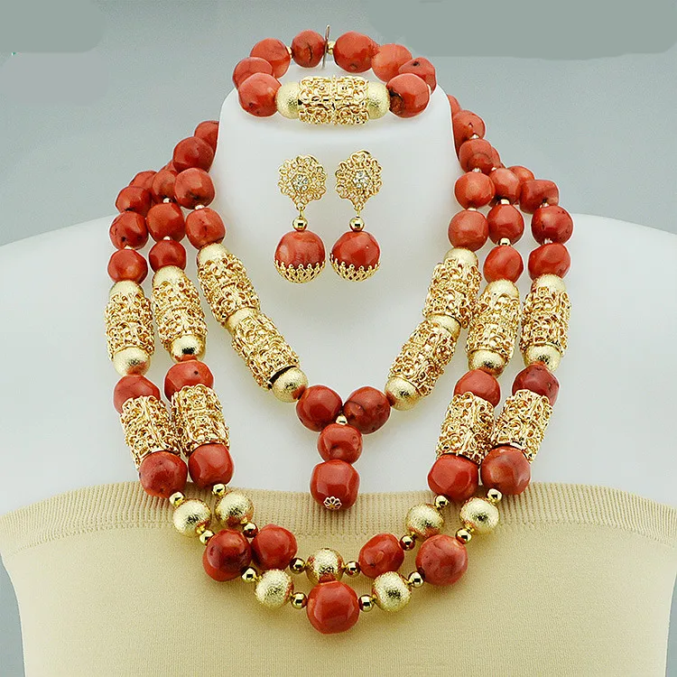 

Queency High Quality Mixed Gold Wedding Jewelry African Italian Real Coral Beads Jewelry Set, As shown& customized