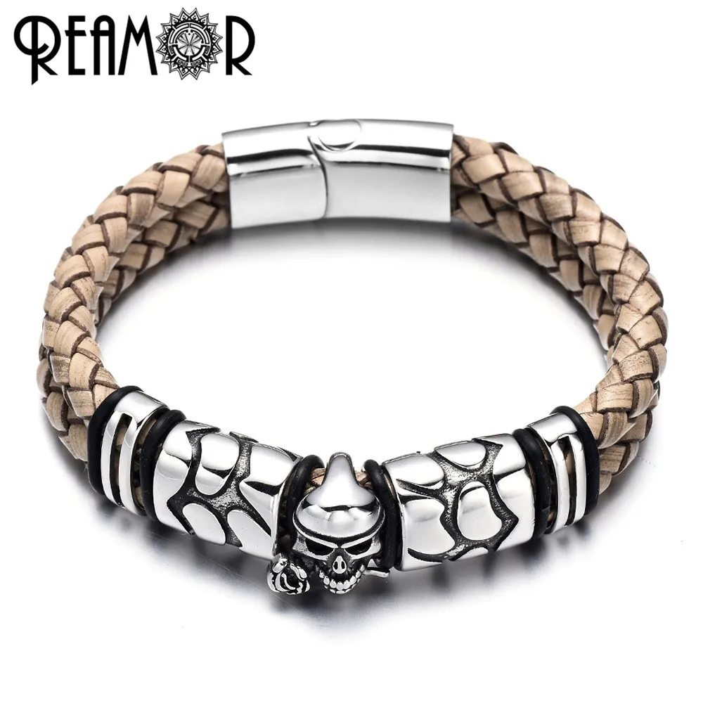 

REAMOR New Double Genuine Leather Bracelets Skull Men Bracelet With 316l Stainless Steel Magnetic Clasp Charm Bangles for Men
