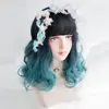 Classic Lolita 42cm Short Curly Black Mixed Green Daily Cosplay Wig+Cap CE149