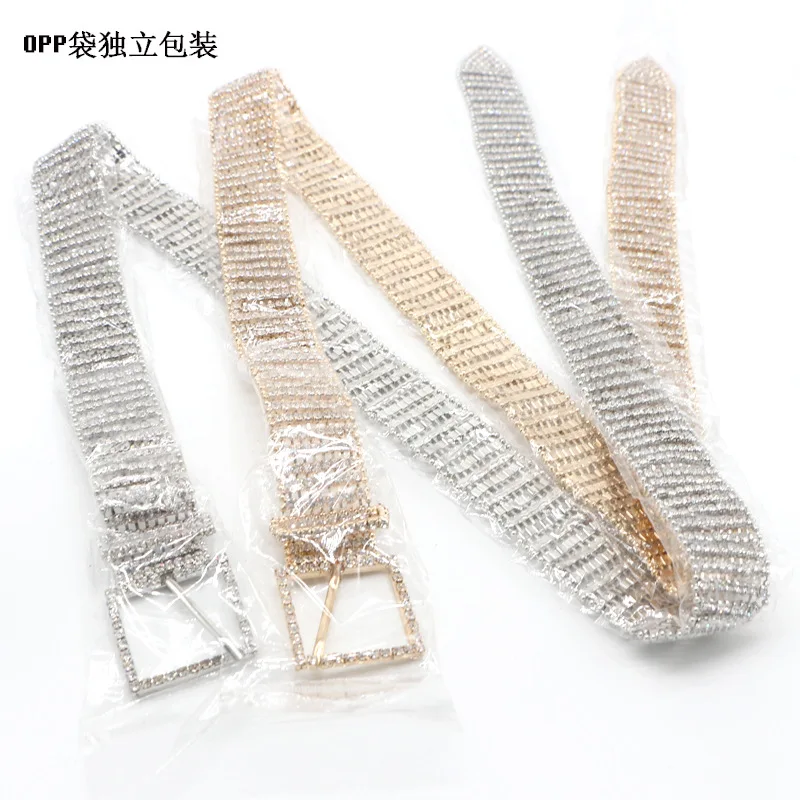 Gold color strass crystal belt Flat Strap Rhinestone Buckle Woman Belt