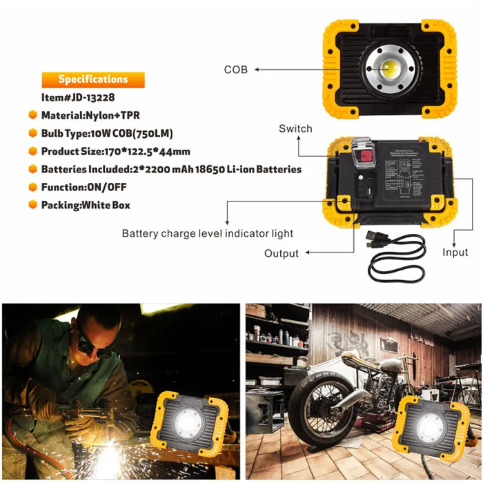 Nylon 10w 1000lm High Lumen Work Light,Rechargeable Cob Worklight