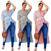 

SAJ6073 asymmetrical design fashion stripe short sleeve deep v neck casual women long blouse shirt