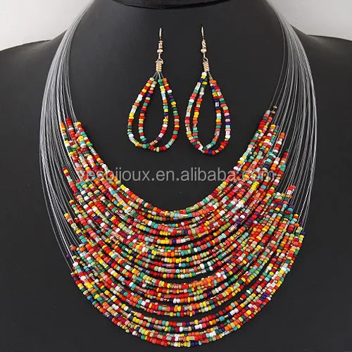 

multi-strand bohemian jewellery set small bead resin necklace set