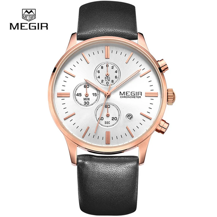 

MEGIR 2011 G1 Megir Chronograph Black Genuine Leather Strap Gold Business Watch Quartz Luxury Sport Watch Men Brand Watch