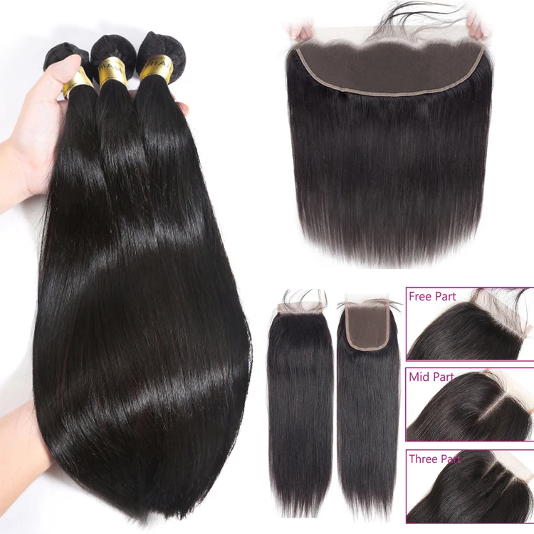 

XBL Straight Wave Premium Virgin Human Hair Weave Bundle, 2/3pcs Hair Bundles with Closure/ Frontal, Natural black