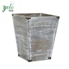 Wholesale Gray Style Torched Wood Square Waste Bin With Decorative Metal Brackets Trash Can