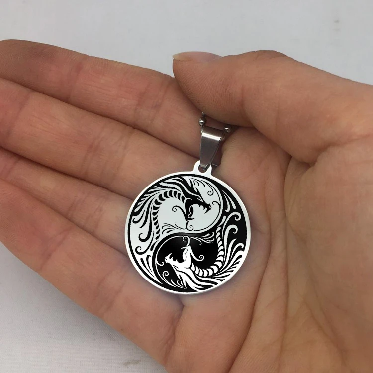 

Wholesale Stainless Steel Jewelry Beads Chain Yin Yang Dragon Disc Unisex Long Necklace YP6696