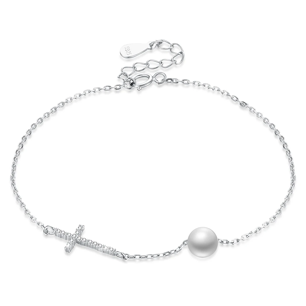 

Cubic Zirconia CZ Stone 925 Sterling Silver Chain Pearl Cross Bracelet for Women