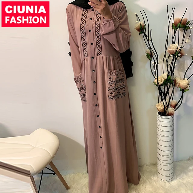 

6166# Women Casual Embroidered Buttons With Pockets Long Sleeve Maxi Muslim Dress Islamic Abaya Turkey, Pink / customized