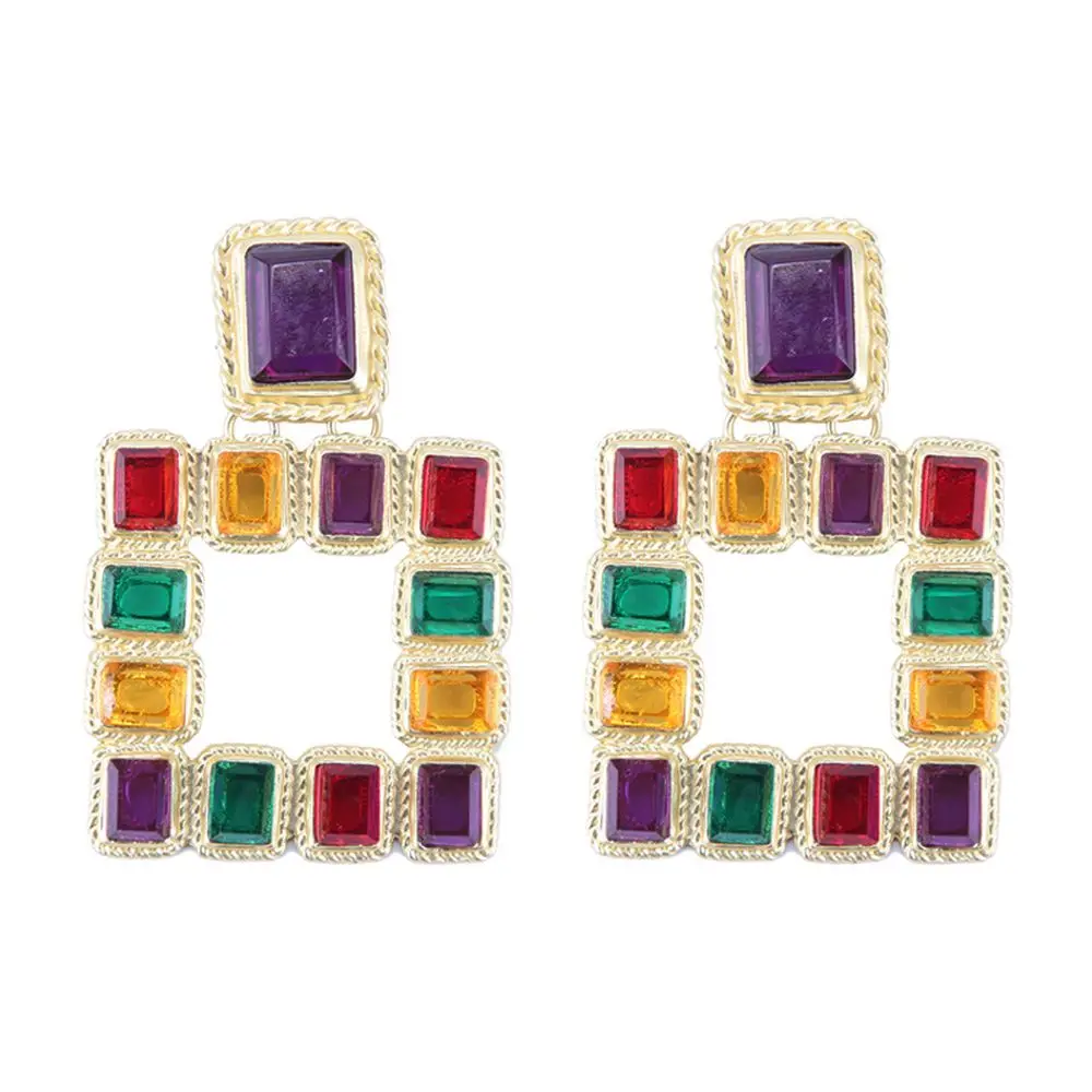 

2019 Colorful Acrylic Geometric Drop Earrings Fashion Womens Gold Boho Retro Diamond-inlaid Square Earring, Same as picture