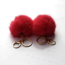 Gold Plated Keychain Charm Genuine Rabbit Fur Ball Pom Pom Keychain for Car Key Ring Handbag