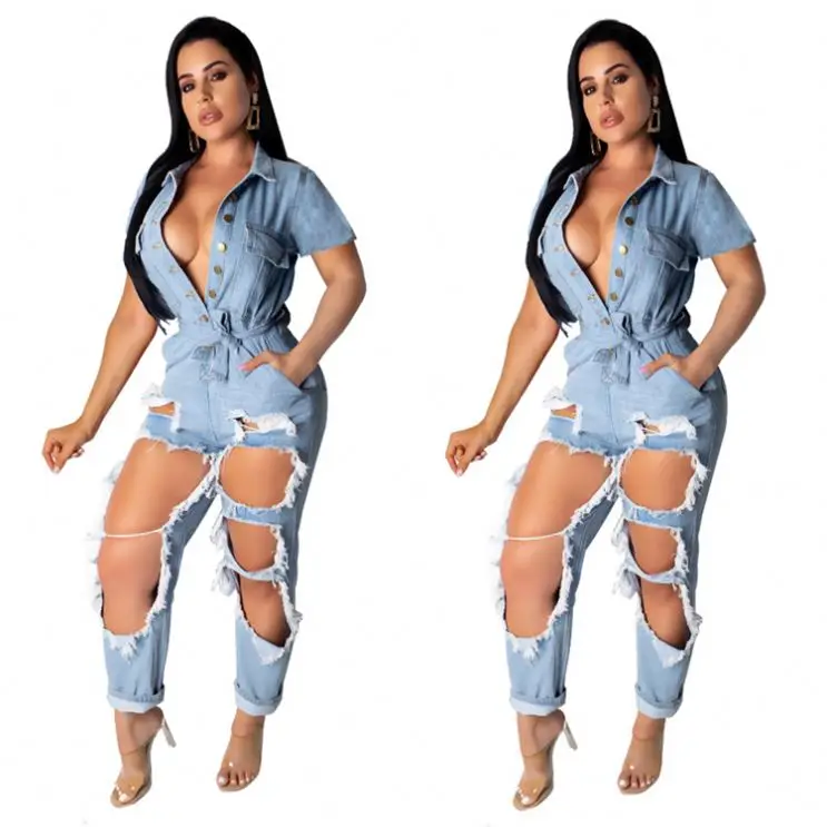 

Woman Sexy Deep V Tight High Quality Long Jumpsuit Denim B-XM6103OM