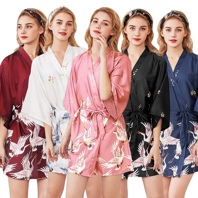 

Wholesale summer women wedding bride satin silk floral robe kimono sleepwear dress