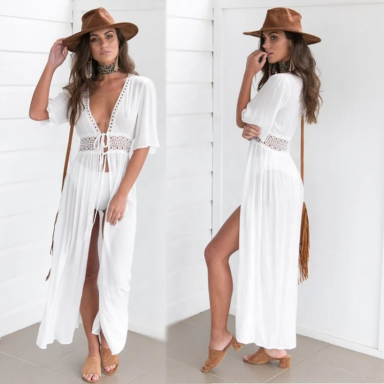 

Wholesale women lace long dress white bikini beachwear sexy beach knitted cover up
