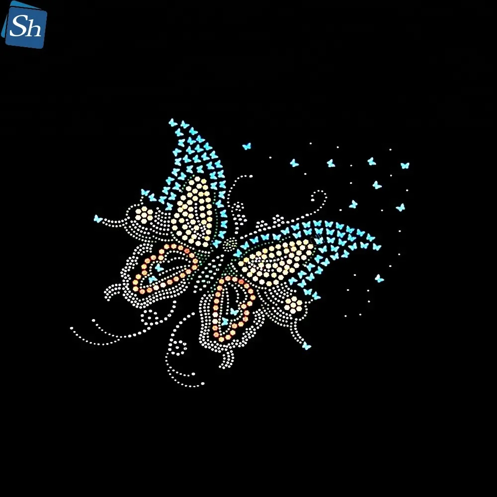 

Popular Tshirt Colourful Hot Fix Butterfly Design Custom Rhinestone Transfer Motifs Iron On Applique For Garment Accessories
