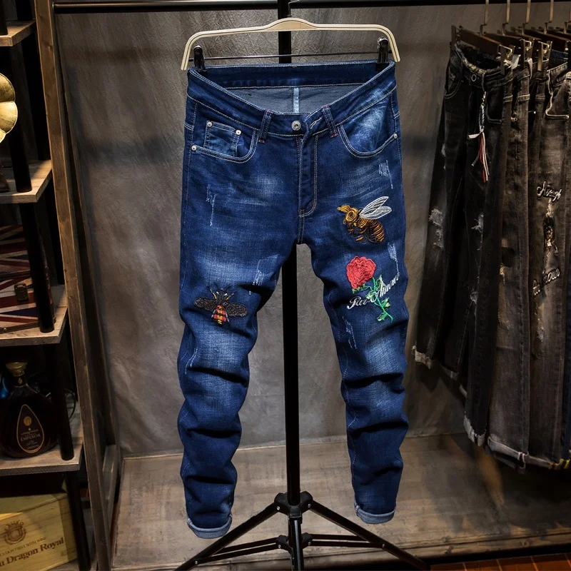 New Currents made in China elastic waist jeans men with flower embroidery denim pants pantalones street trousers