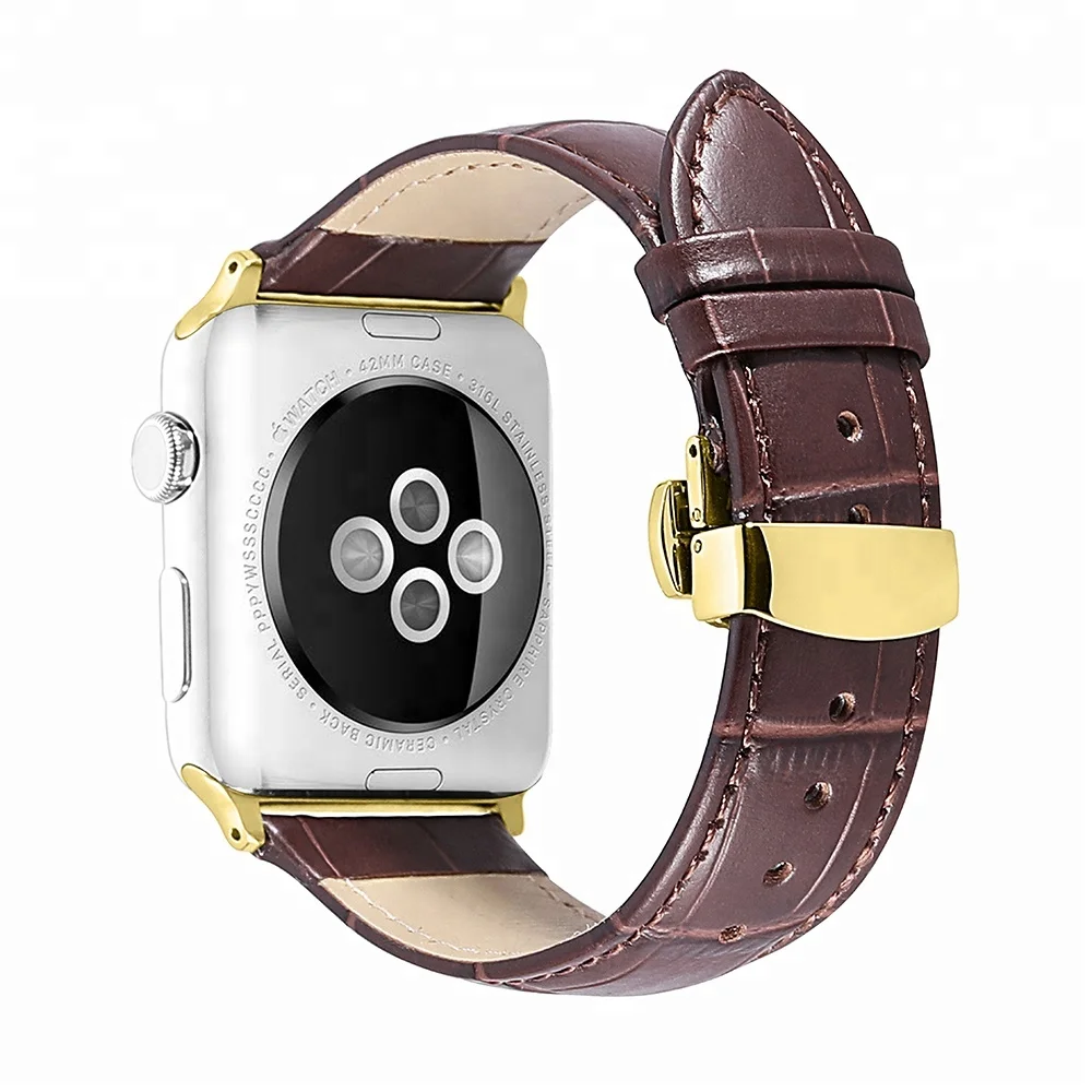 

Wholesale Calf Leather Watch Strap with Deployment Buckle for Apple iWatch Series 5 4 3 2 1 Watch Band, Black ,black with white ,brown ,brown with white