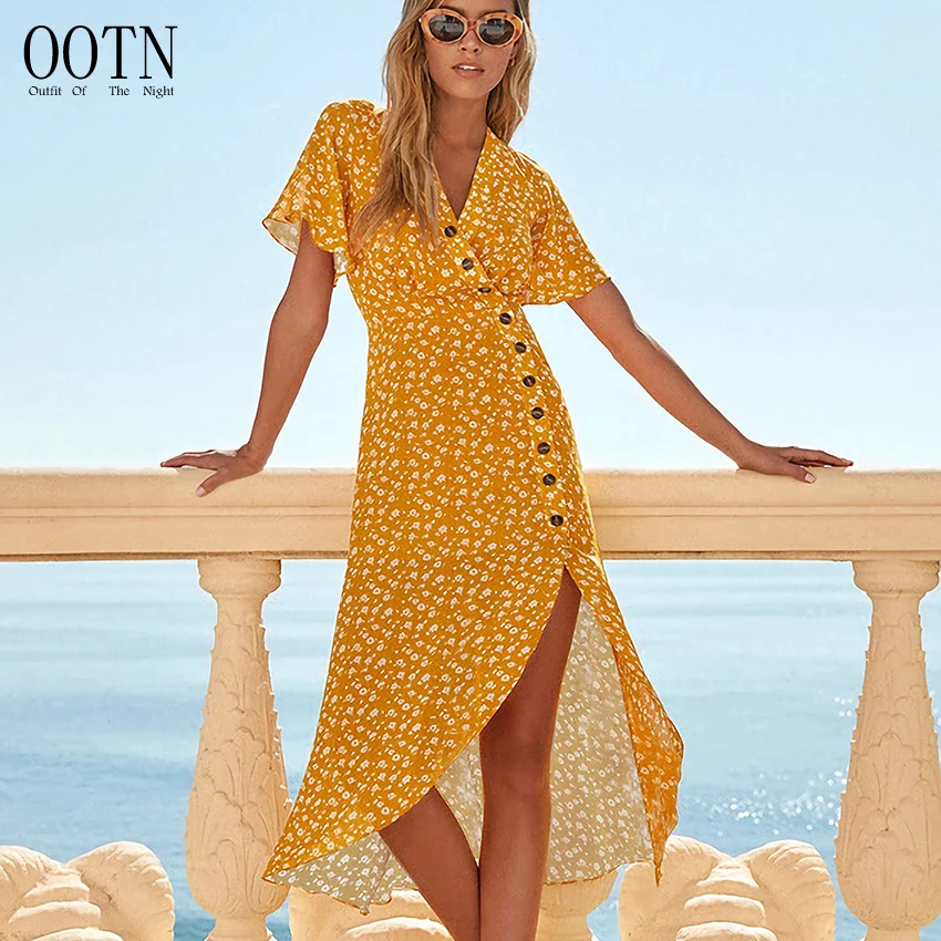 

OOTN Female Short Sleeve Sundress Elegant Summer 2019 Women Asymmetrical Button Down Flare Long Dress Yellow Casual Print Dress