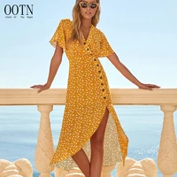 

OOTN Female Short Sleeve Sundress Elegant Summer 2020 Women Asymmetrical Button Down Flare Long Dress Yellow Casual Print Dress