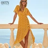 OOTN Female Short Sleeve Sundress Elegant Summer 2020 Women Asymmetrical Button Down Flare Long Dress Yellow Casual Print Dress