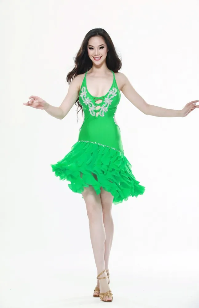 
Sexy Backless Latin Tassel Belly Dance Rhinestone Dress With Low-cut Collar 