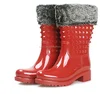 Plush Keep Warm Mid Calf Rivet for Korea and JapaneseFashion Rain Boot &boots women shoes