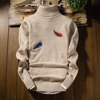 

Men Slim Body Feather Embroidery Pullover Turtleneck Sweater