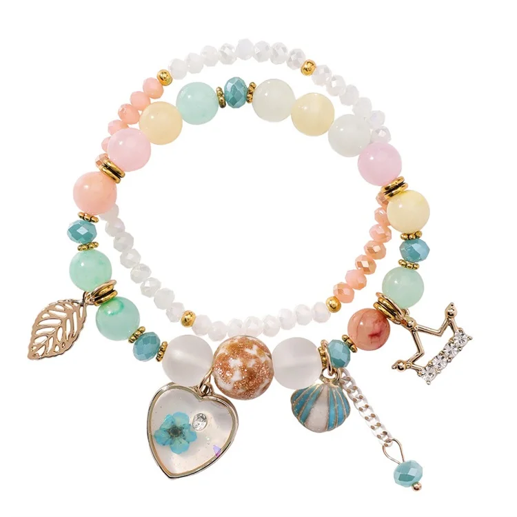 

DY Korean fashion dried flower double strand elastic murano beads shell stack pink crystal bracelet, Colors